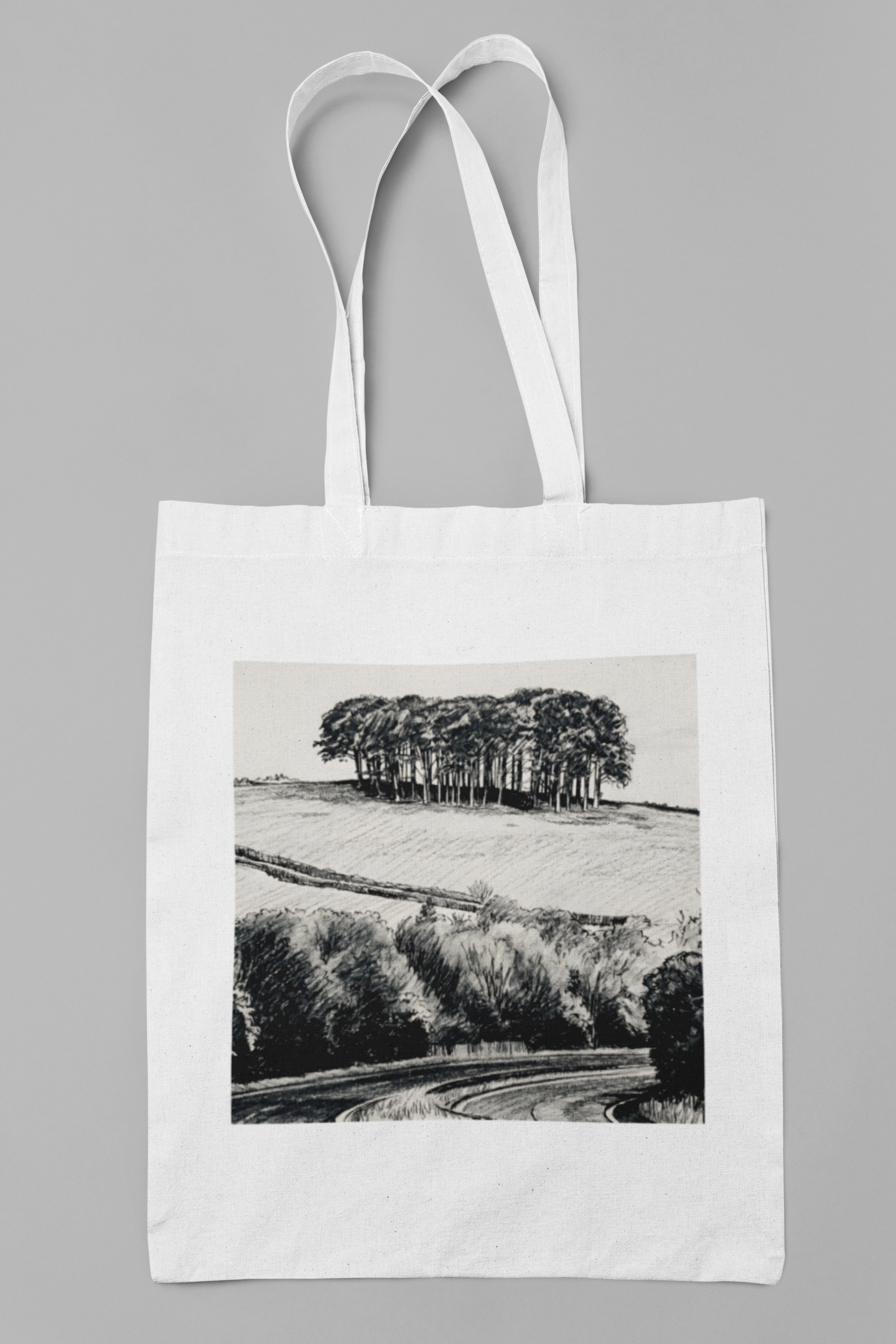 White cotton tote bag with Nearly There Trees Cornwall illustration