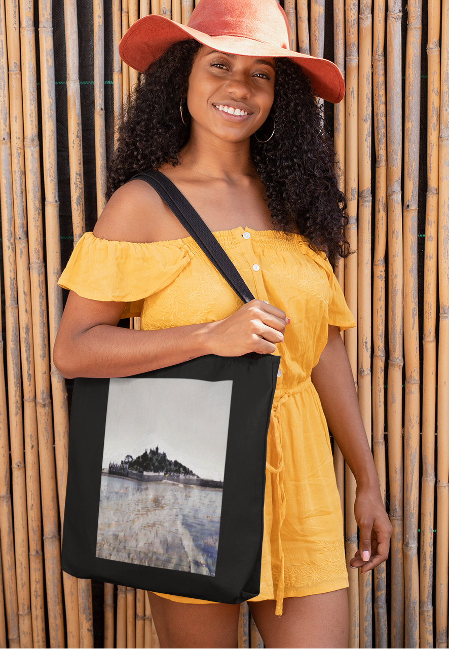 Woman carrying St Michael's Mount tote bag over shoulder — Cornwall cotton shopper