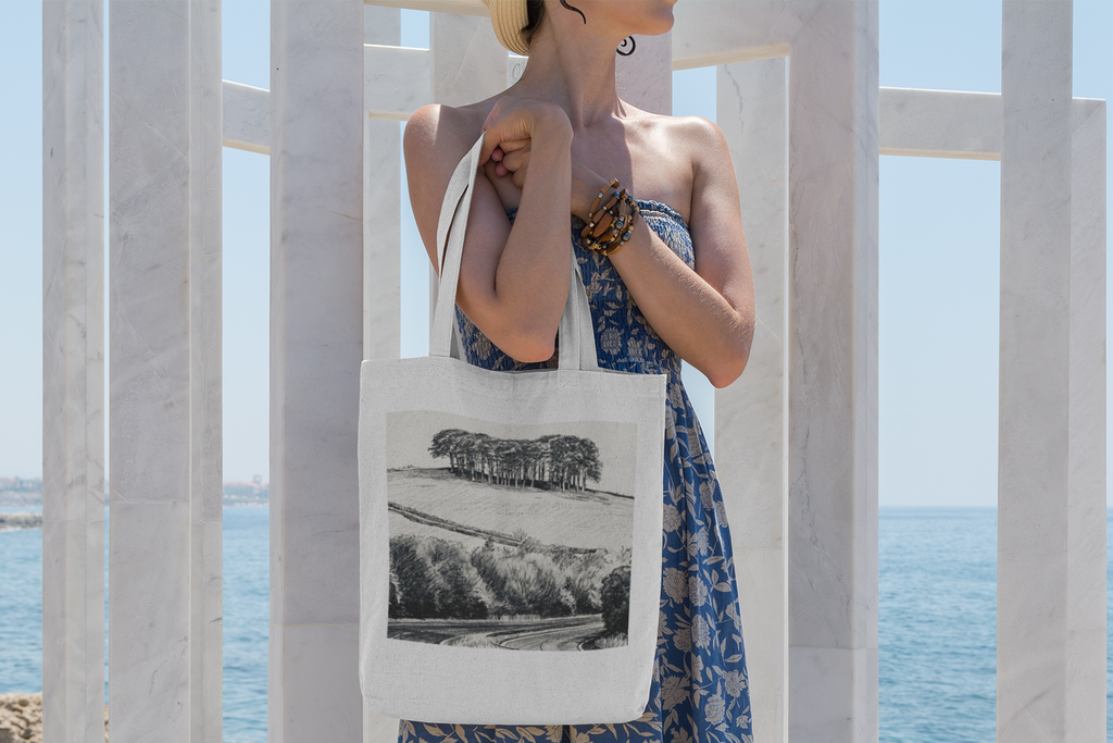Woman holding Cornwall A30 tote bag with sea view, Cookworthy Knapp design