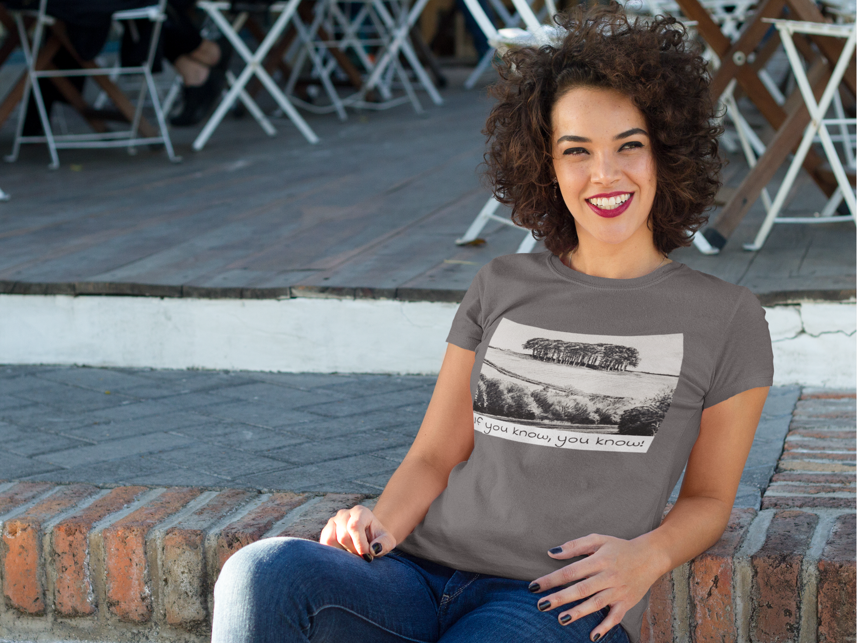 Woman wearing Asphalt Nearly There Trees Cornwall t-shirt, casual outfit