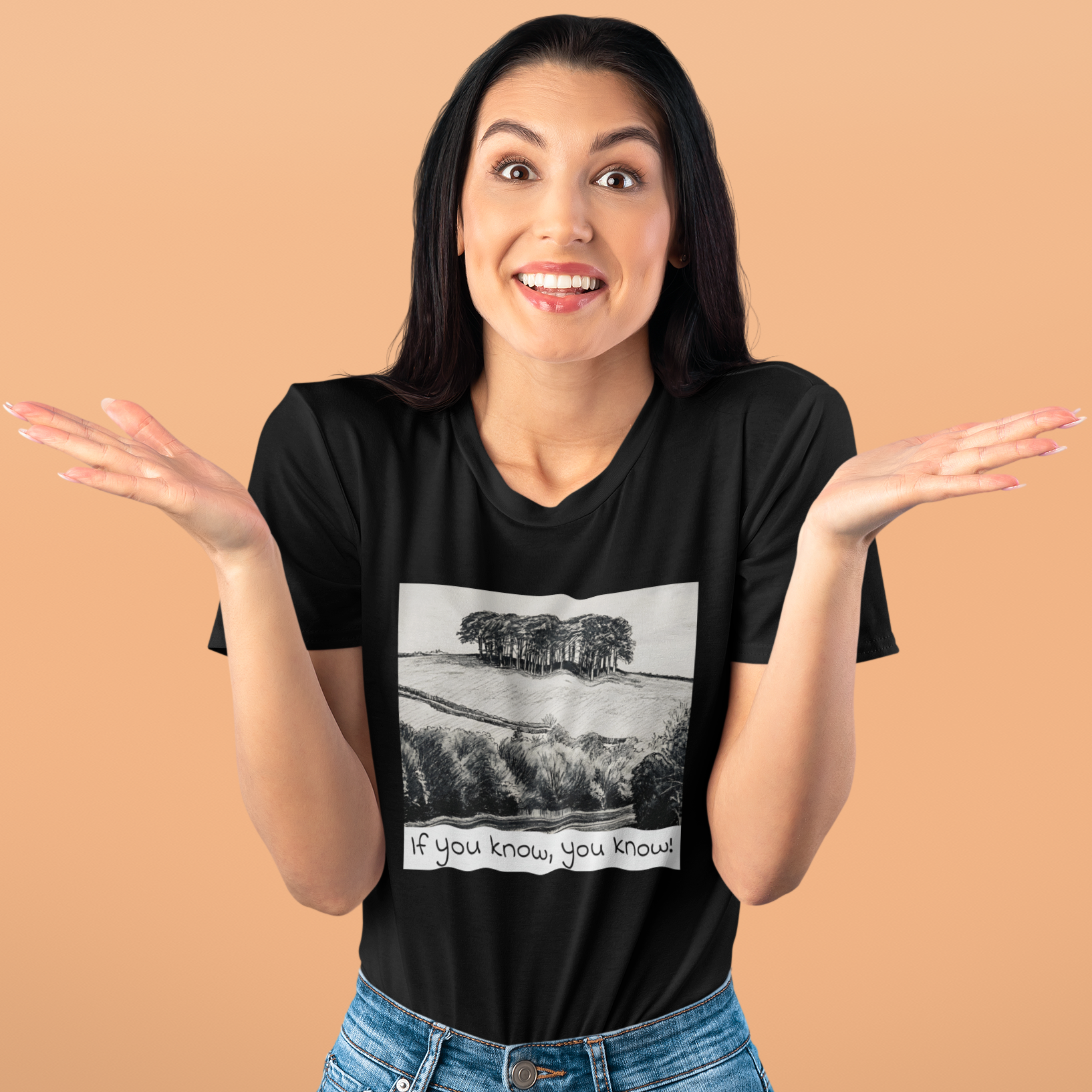 Woman wearing Black Nearly There Trees graphic tee, Cornwall holiday t-shirt