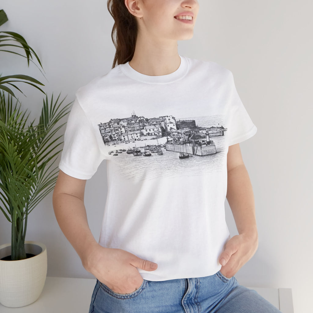 Woman wearing St Ives Cornwall illustration t-shirt, unisex white graphic tee