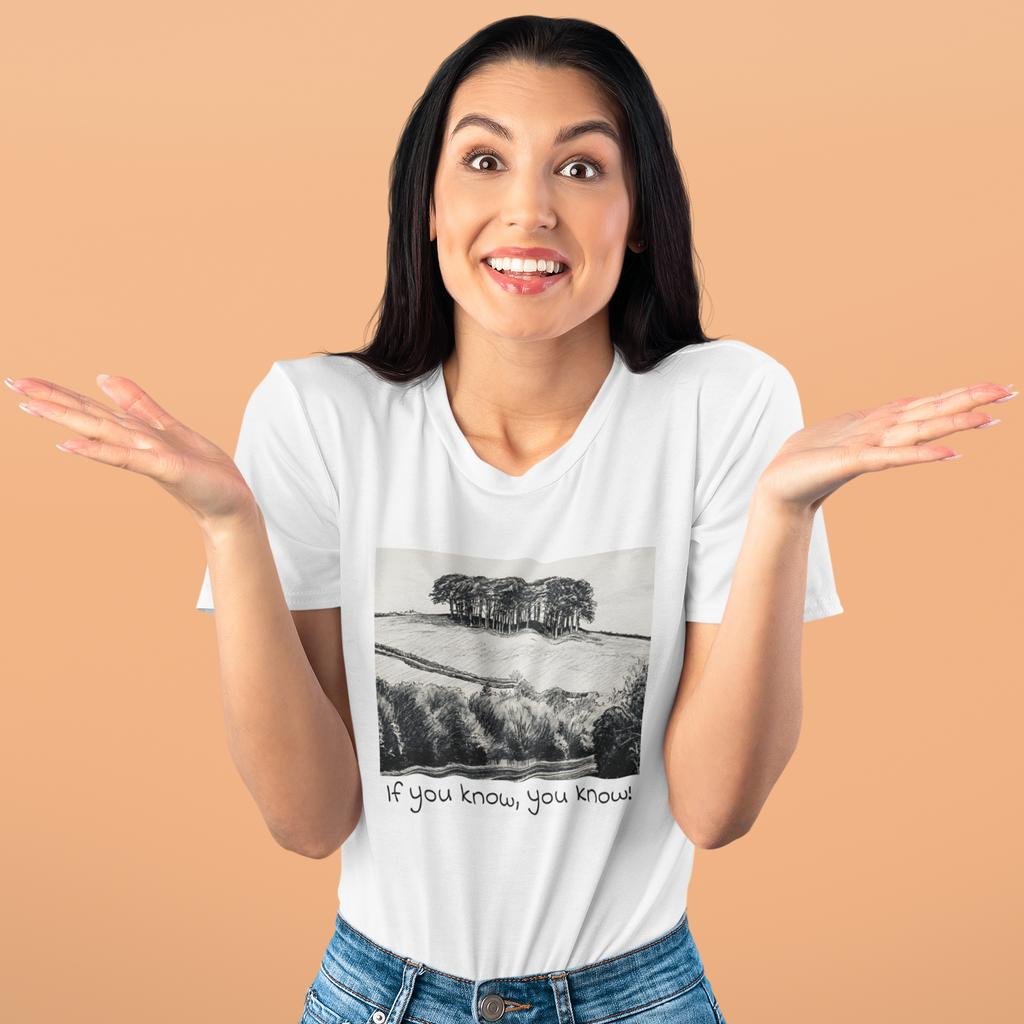Woman wearing White Nearly There Trees graphic tee, Cornwall holiday t-shirt