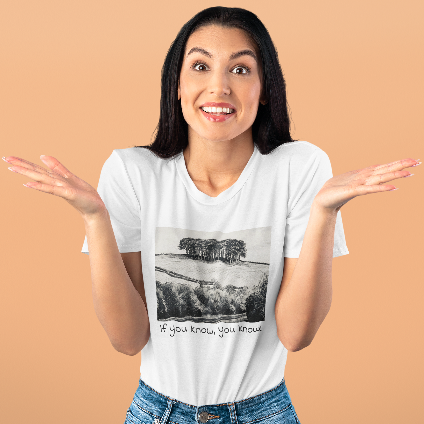 Woman wearing White Nearly There Trees graphic tee, Cornwall holiday t-shirt