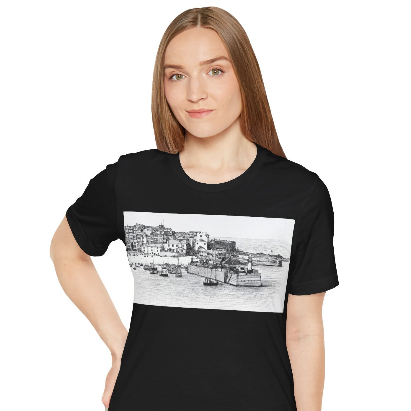 Woman with St Ives harbour t-shirt black colourway, fishing village illustration tee