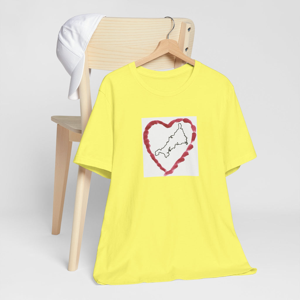 Yellow I Love Cornwall tee — Kernow heart graphic unisex shirt on hanger.