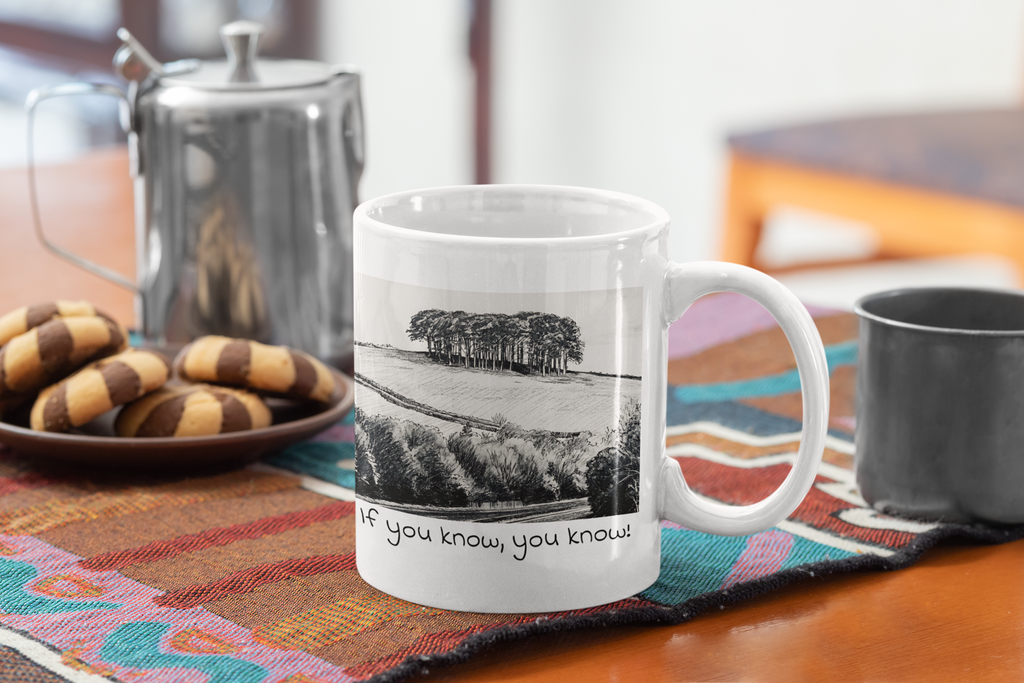 Nearly There Trees Cornwall mug styled with coffee – A30 Cookworthy Knapp keepsake