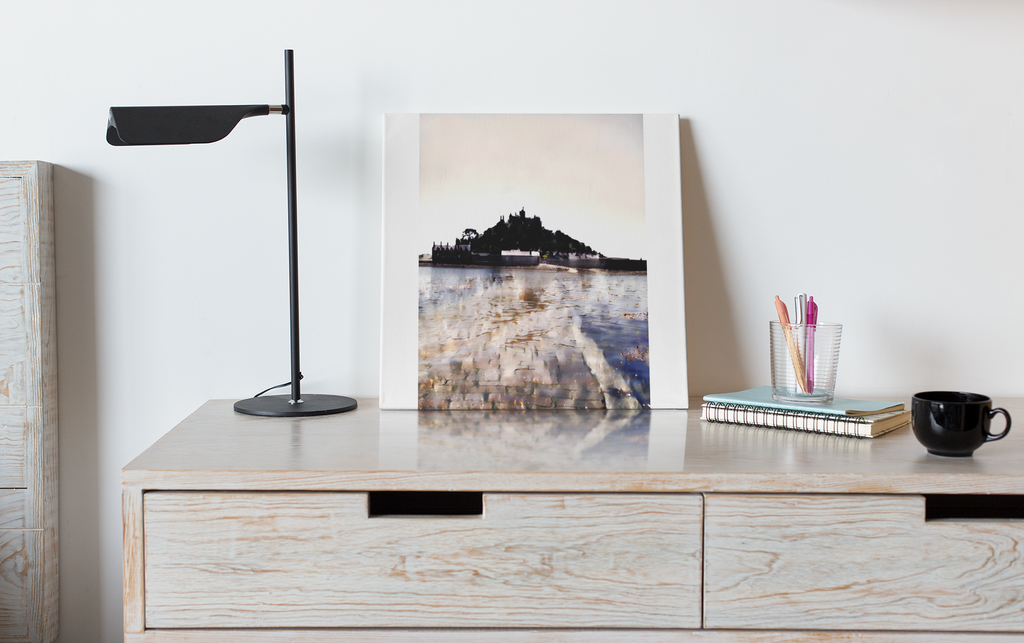 St Michael's Mount Cornwall canvas print on sideboard with lamp – coastal home decor gift idea