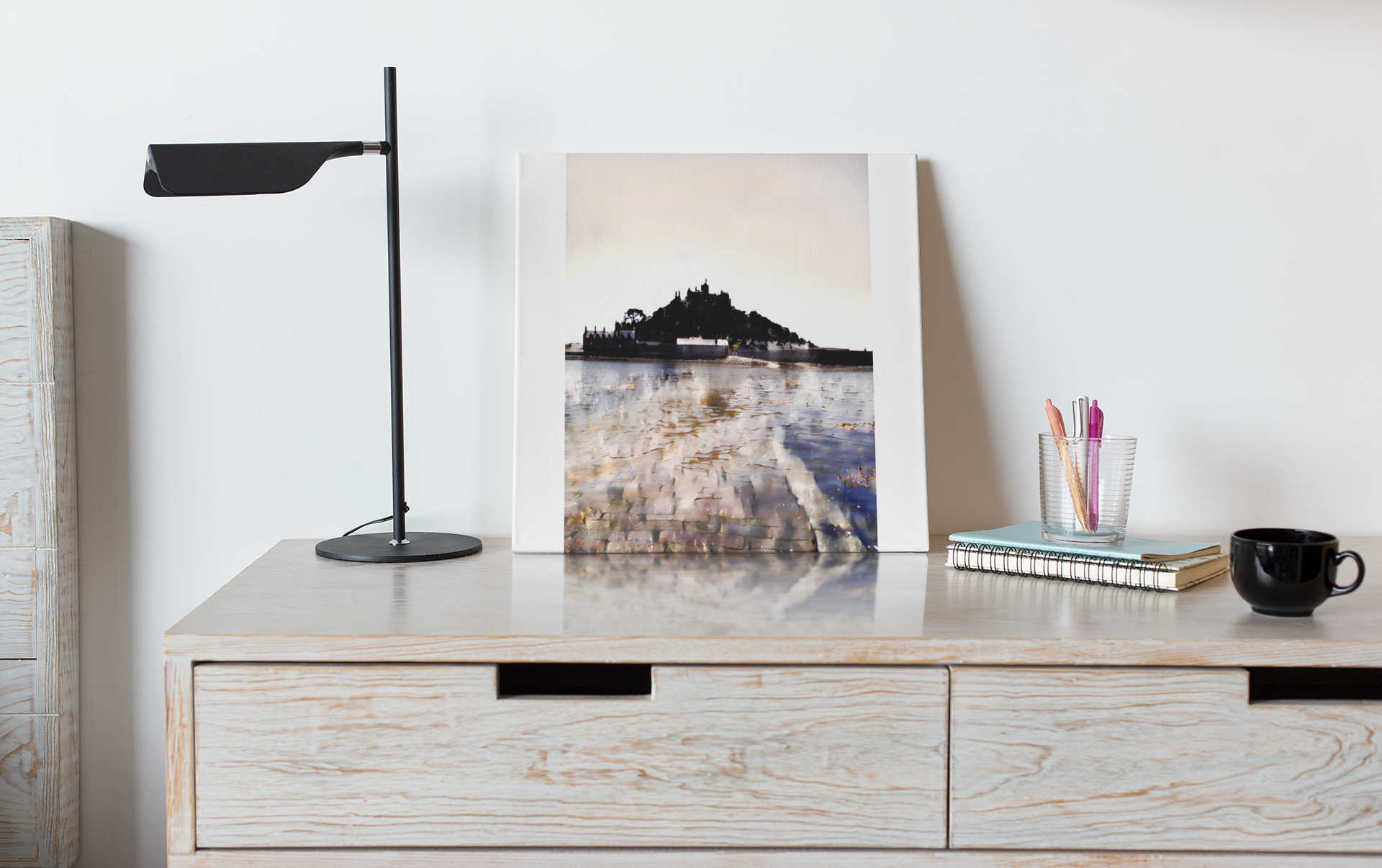 St Michael's Mount Cornwall canvas print on sideboard with lamp – coastal home decor gift idea