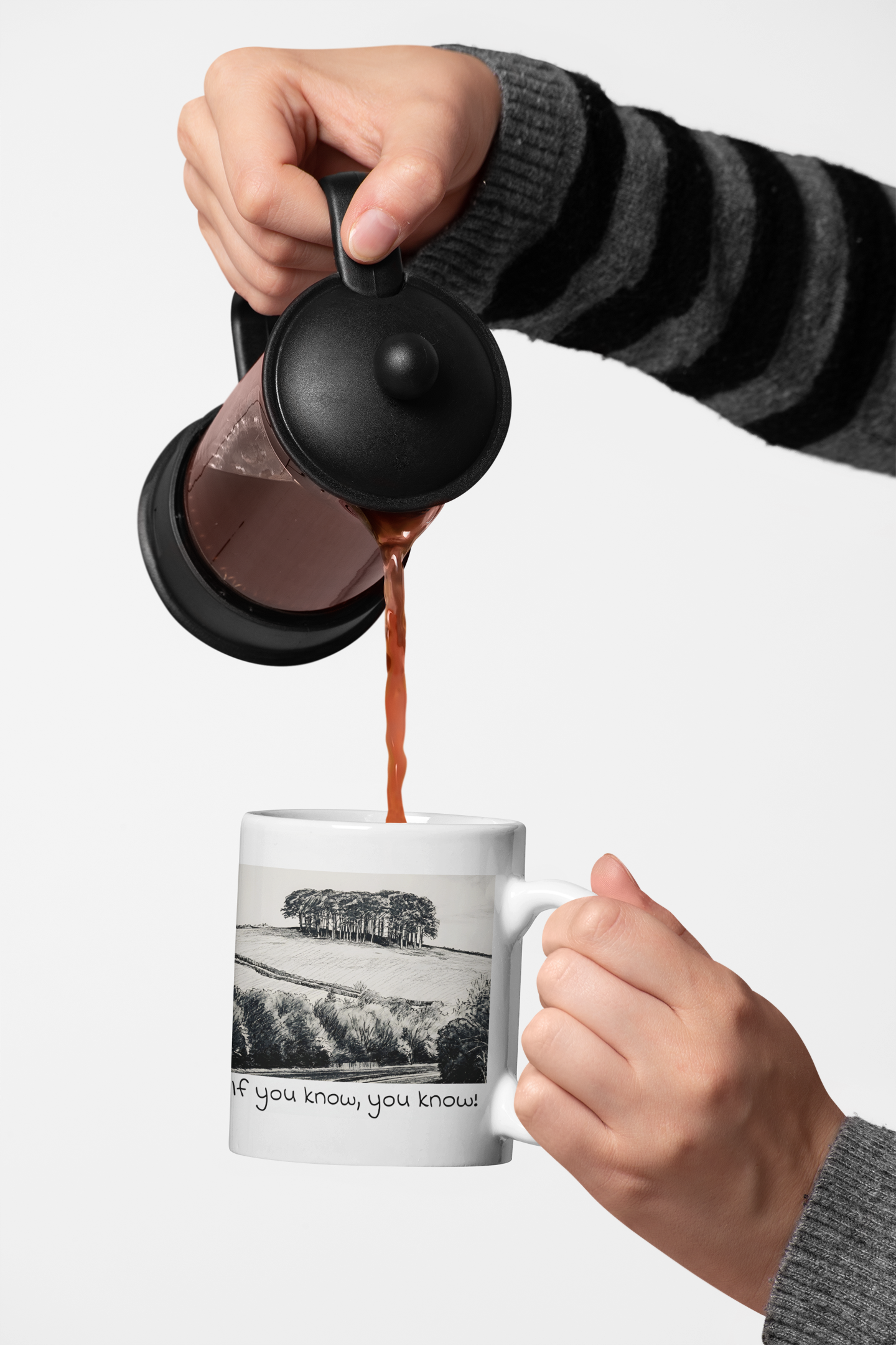 Nearly There Trees A30 mug being filled – Cornish gift for coffee lovers