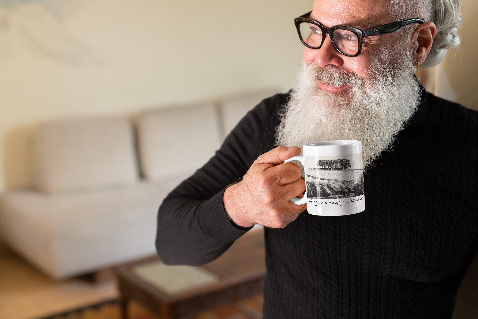 Nearly There Trees Cornwall mug in use – ceramic tea mug gift idea