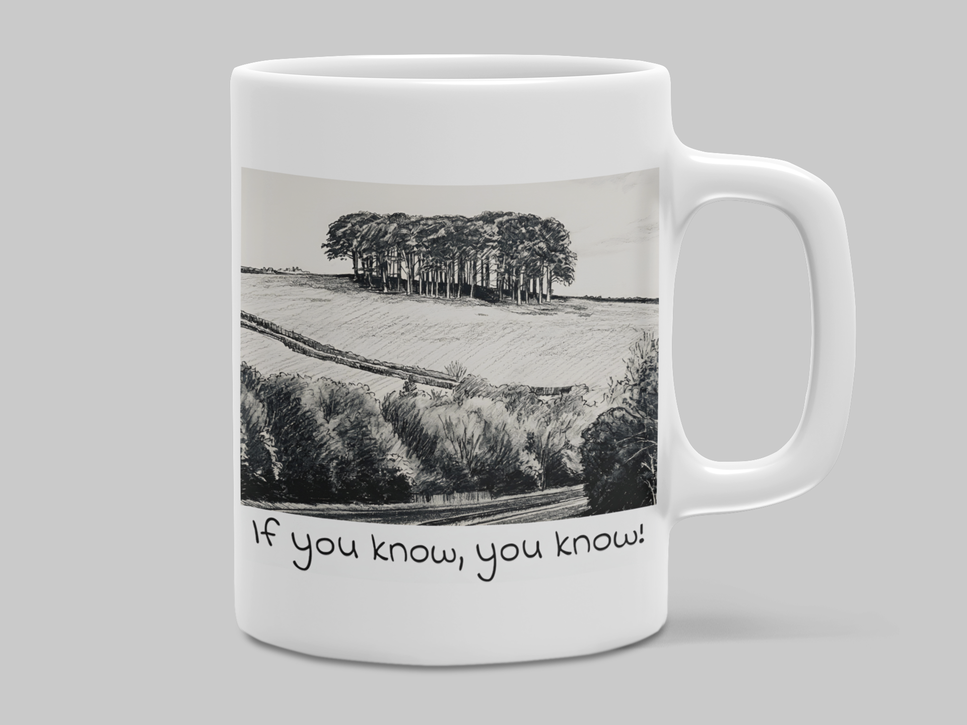 White -If you know you know Cornwall mug – Nearly There Trees A30 Cookworthy Knapp design from Surf Shack Designs