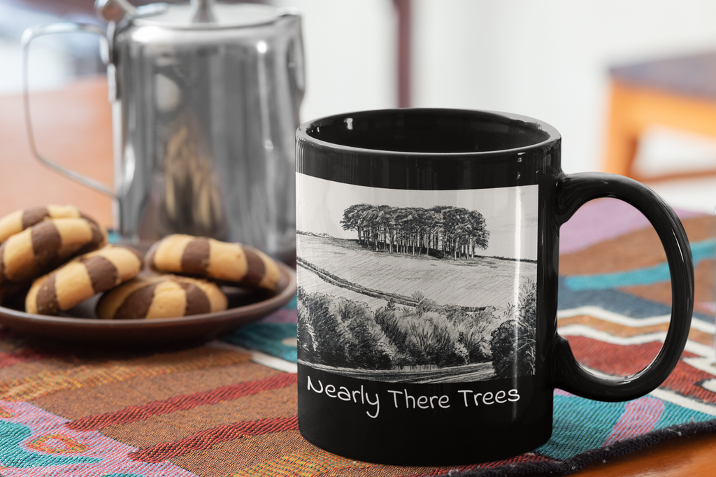 Nearly There Trees all-black mug with cookies and French press, Cornwall tree landscape sketch design