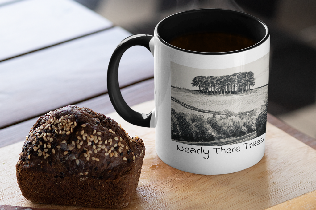 Nearly There Trees black mug with steaming coffee beside muffin, Cornwall tree landscape sketch design