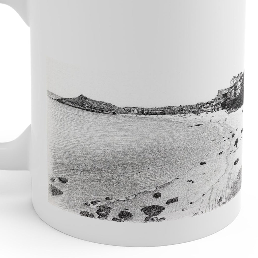 Close-up of Porthmeor Beach pencil sketch artwork on St Ives Cornwall souvenir mug