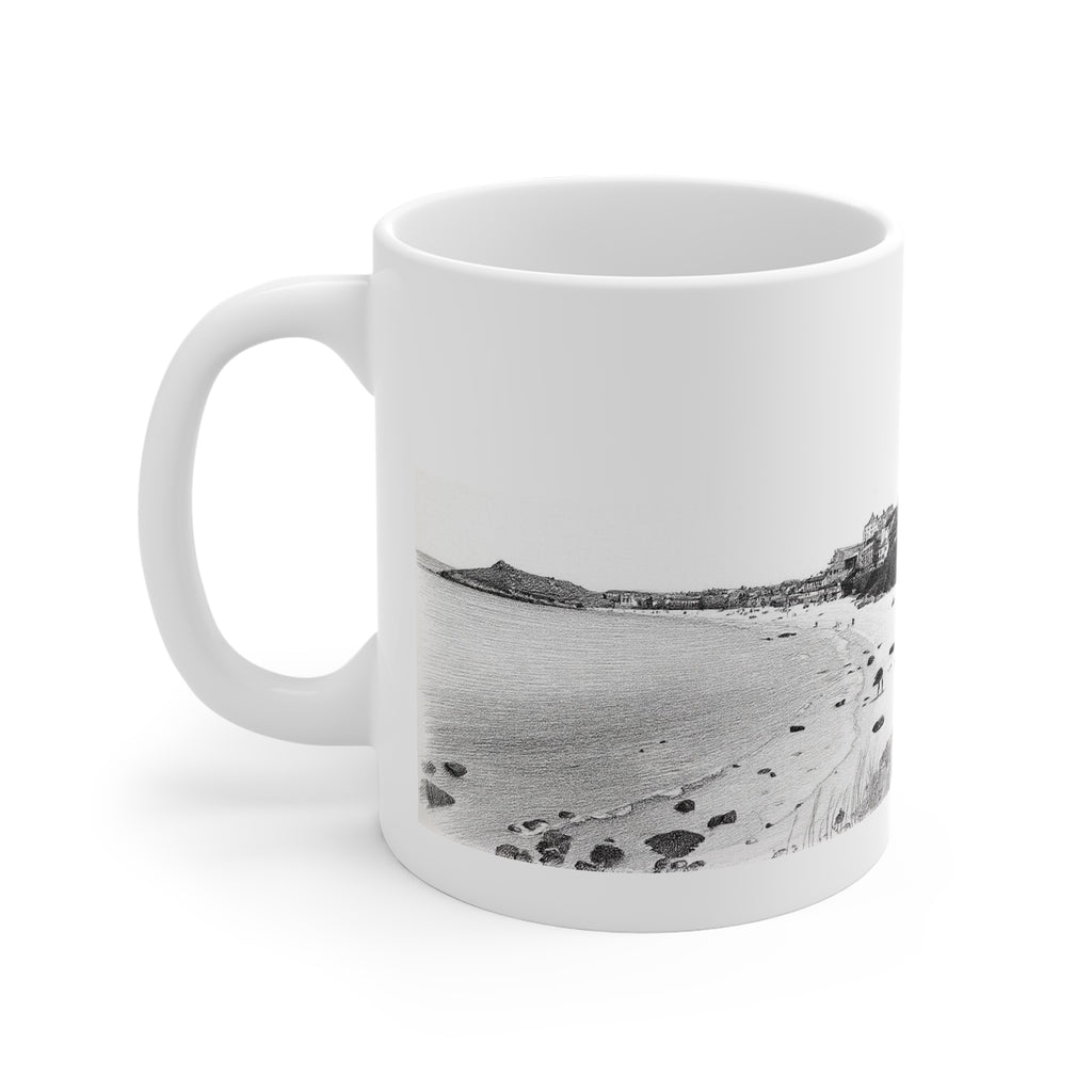 Side view of St Ives Cornwall mug featuring Porthmeor Beach pencil sketch illustration