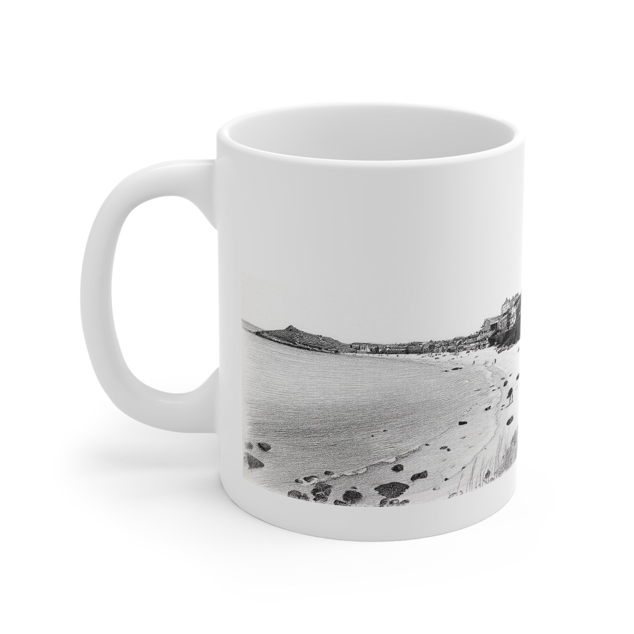 Side view of St Ives Cornwall mug featuring Porthmeor Beach pencil sketch illustration