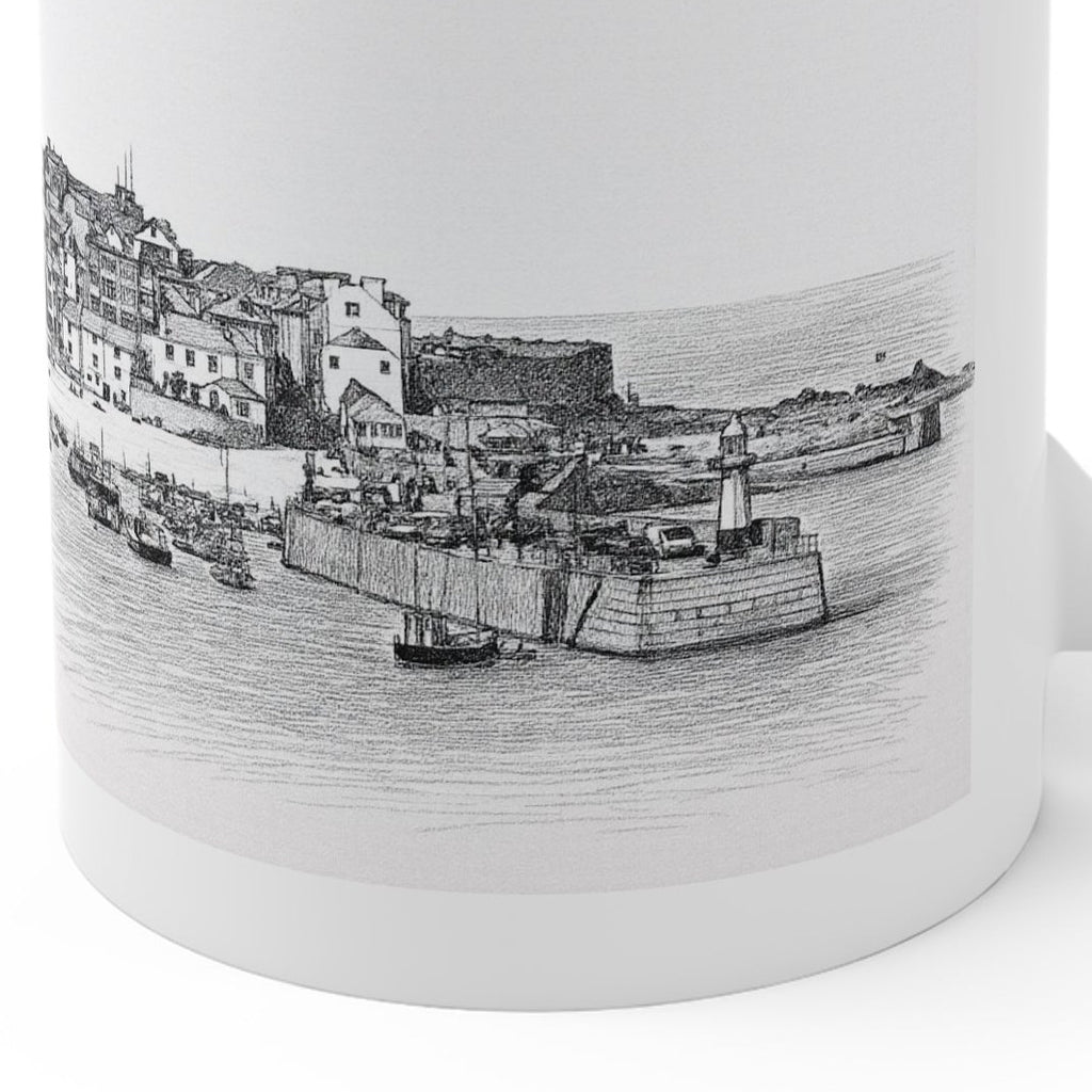 Close-up of St Ives Harbour pencil sketch artwork on Cornwall souvenir mug