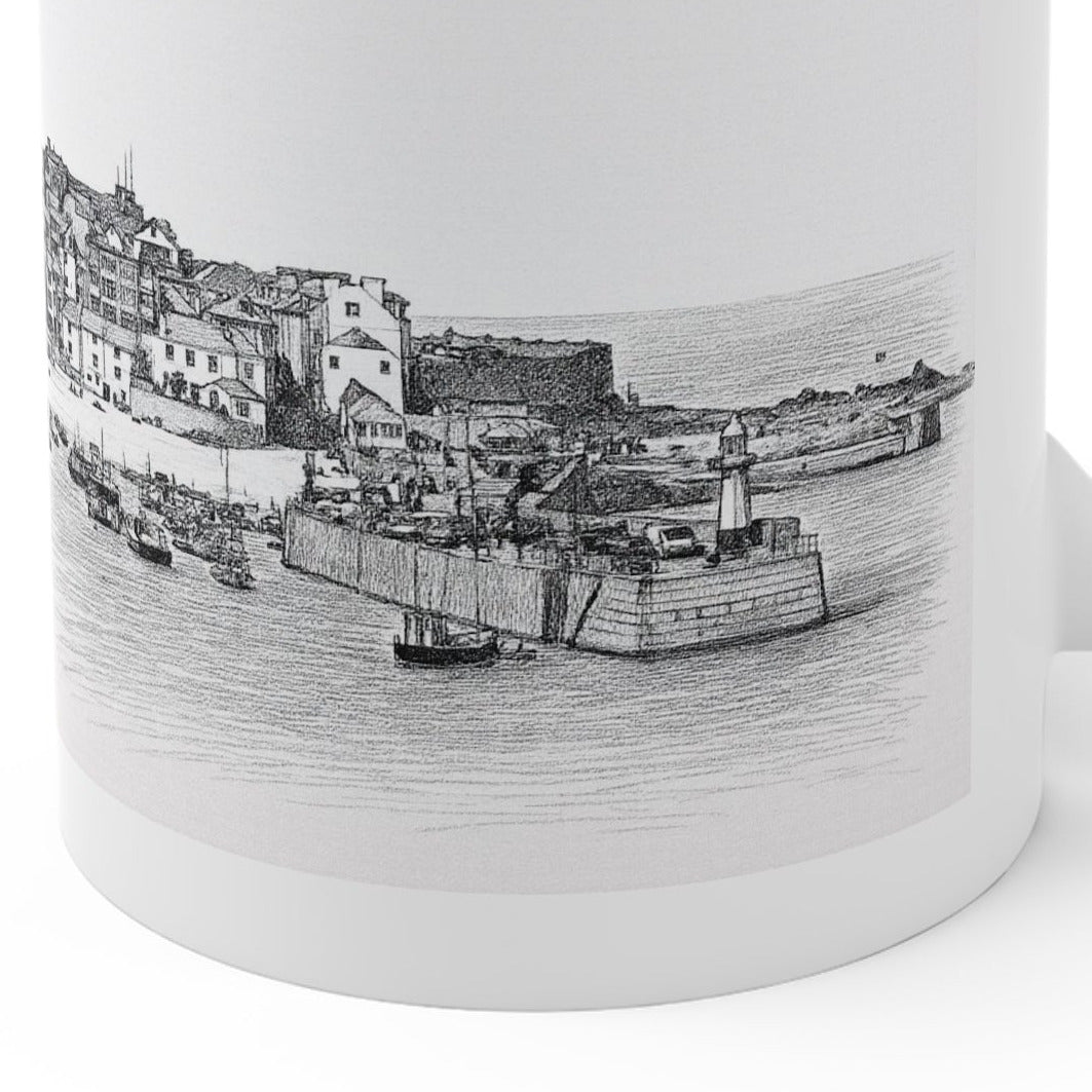 Close-up of St Ives Harbour pencil sketch artwork on Cornwall souvenir mug