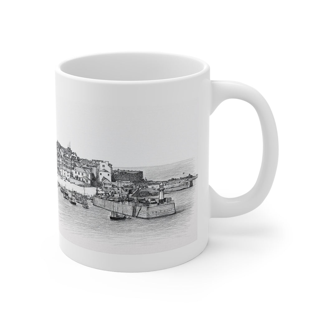 Side view of St Ives Cornwall mug featuring St Ives Harbour pencil sketch illustration