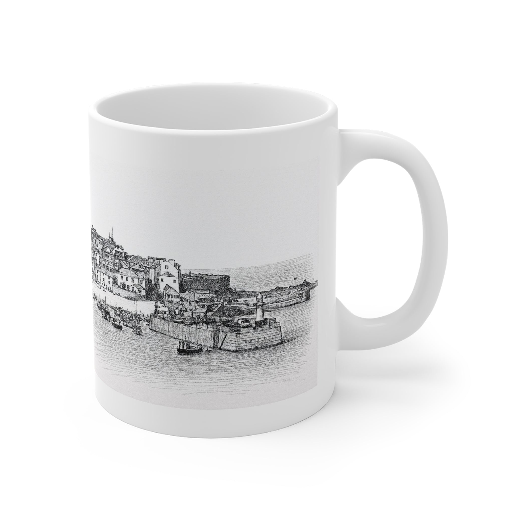Side view of St Ives Cornwall mug featuring St Ives Harbour pencil sketch illustration