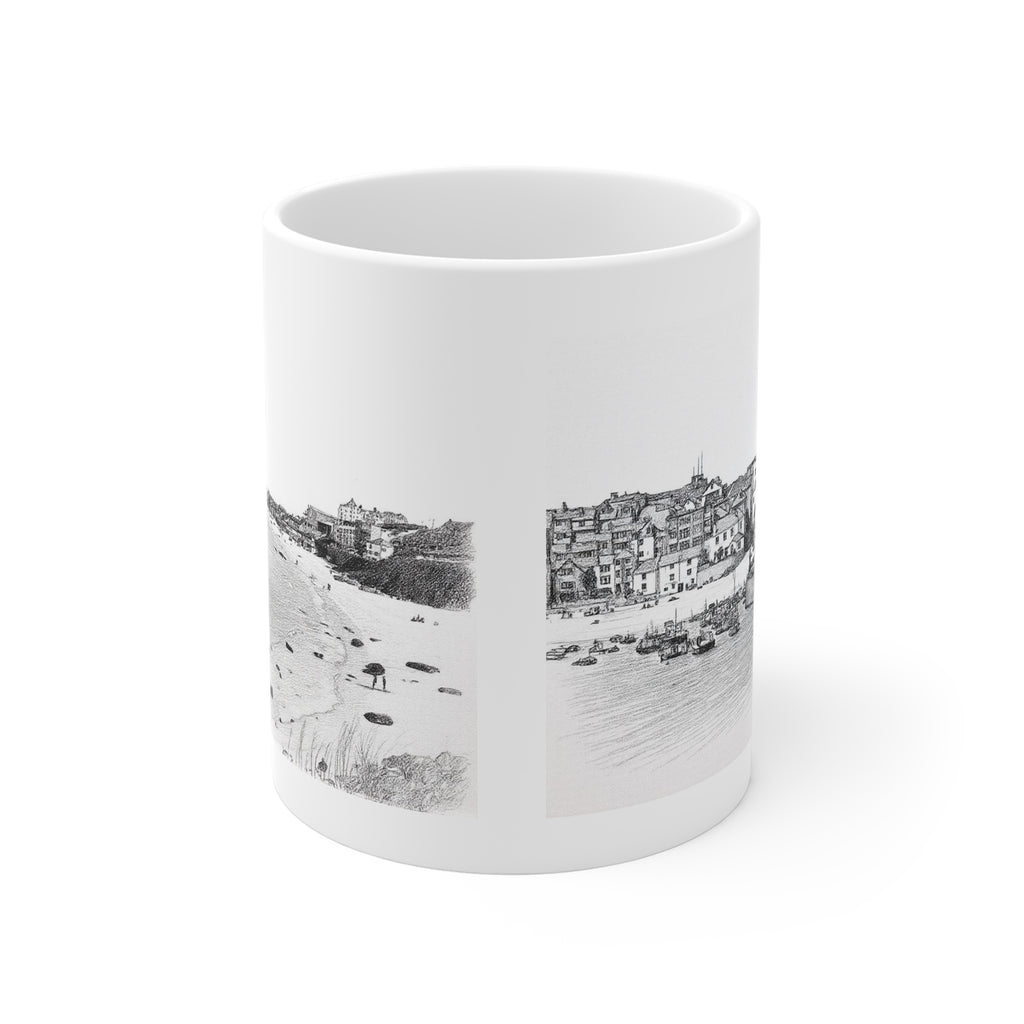 Side view of St Ives Cornwall mug featuring Porthmeor Beach pencil sketch illustration