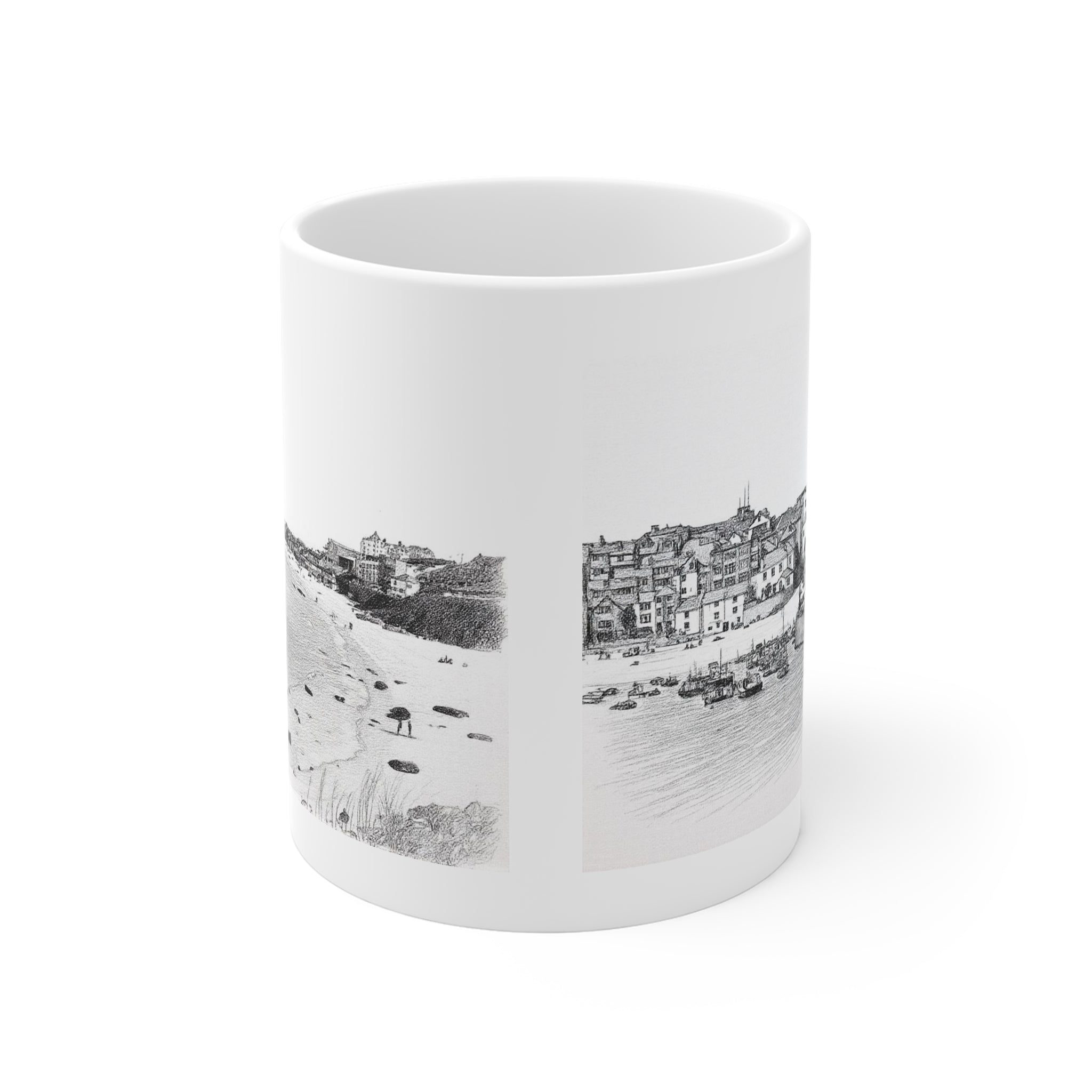 Side view of St Ives Cornwall mug featuring Porthmeor Beach pencil sketch illustration