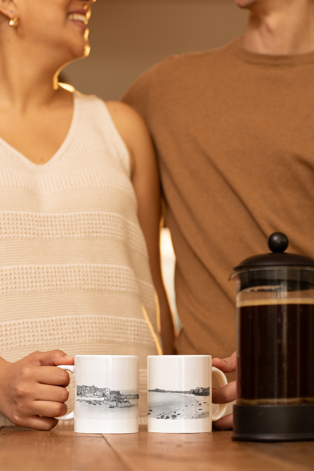 St Ives Cornwall mugs held by couple with French press coffee, harbour and beach pencil sketch artwork