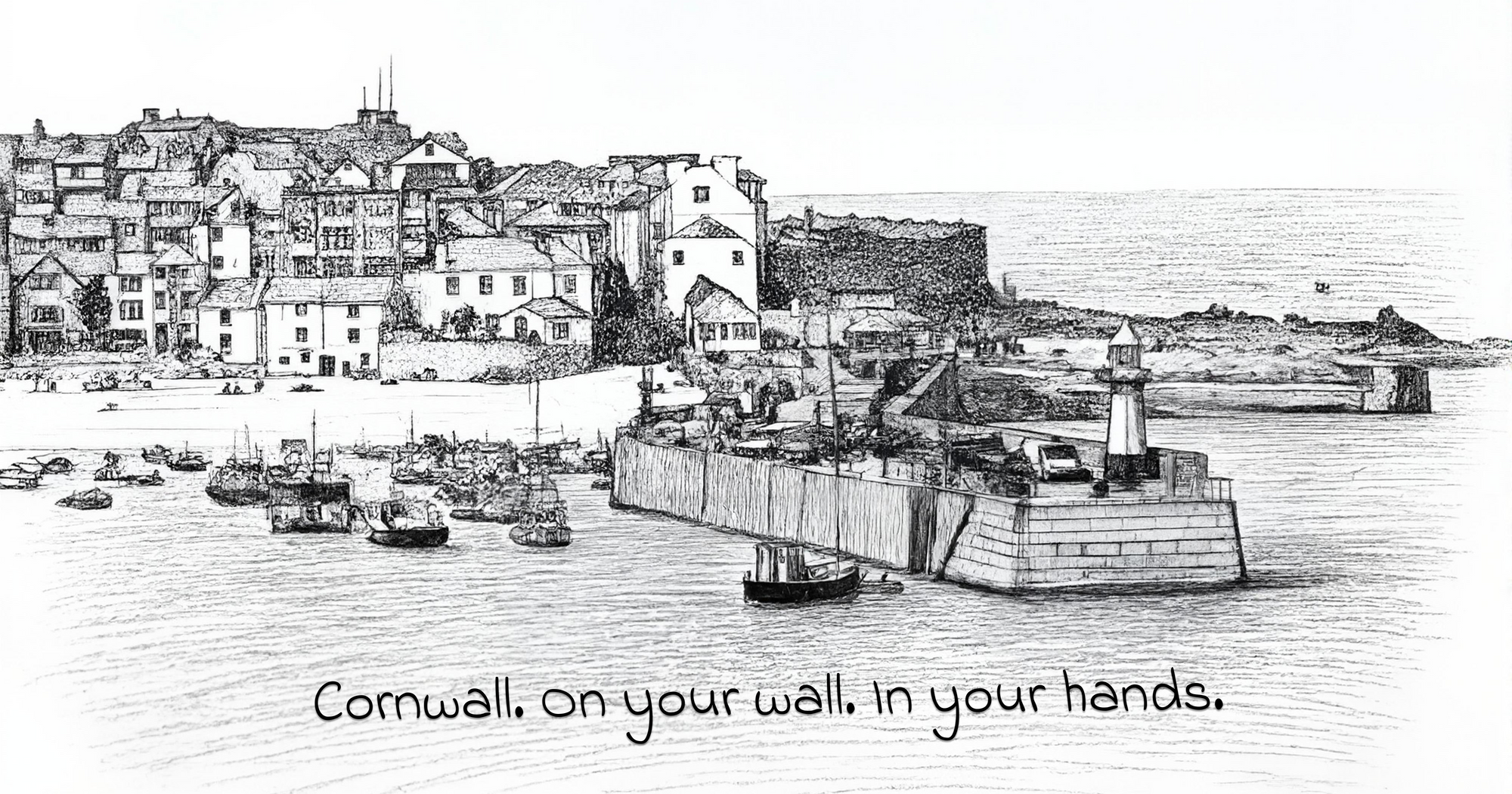 St Ives harbour charcoal illustration — Cornwall gifts, art prints and coastal homeware by Surf Shack Designs
